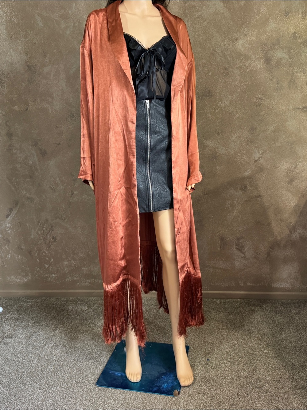 ELOQUII Rust Orange Satin Fringe Duster Kimono Coverup BOHO Jacket Oversized